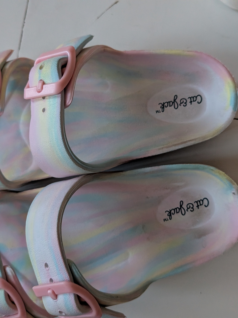 Cat & Jack Iridescent Pastel Rainbow Slide Sandals - Pink, Blue, Yellow